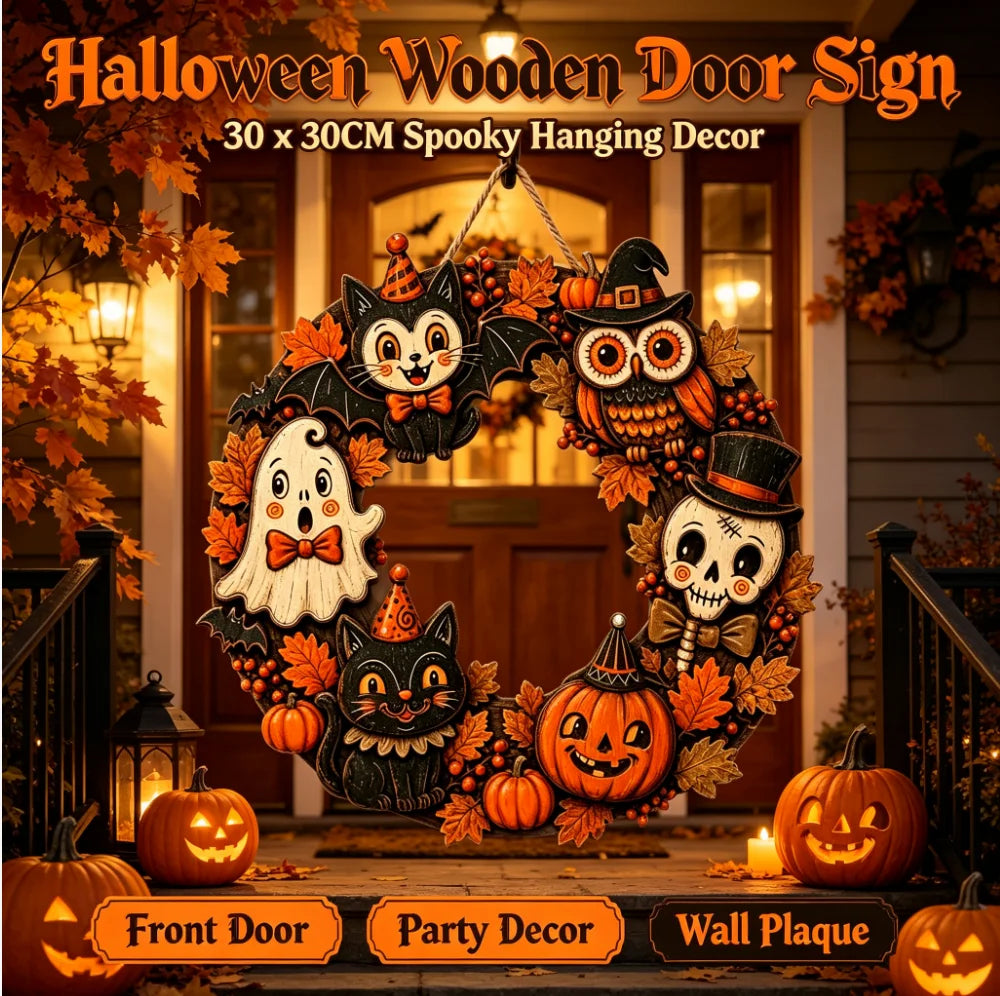 Couronne Halloween en bois, citrouilles et fantômes, 30 cm — sur une porte