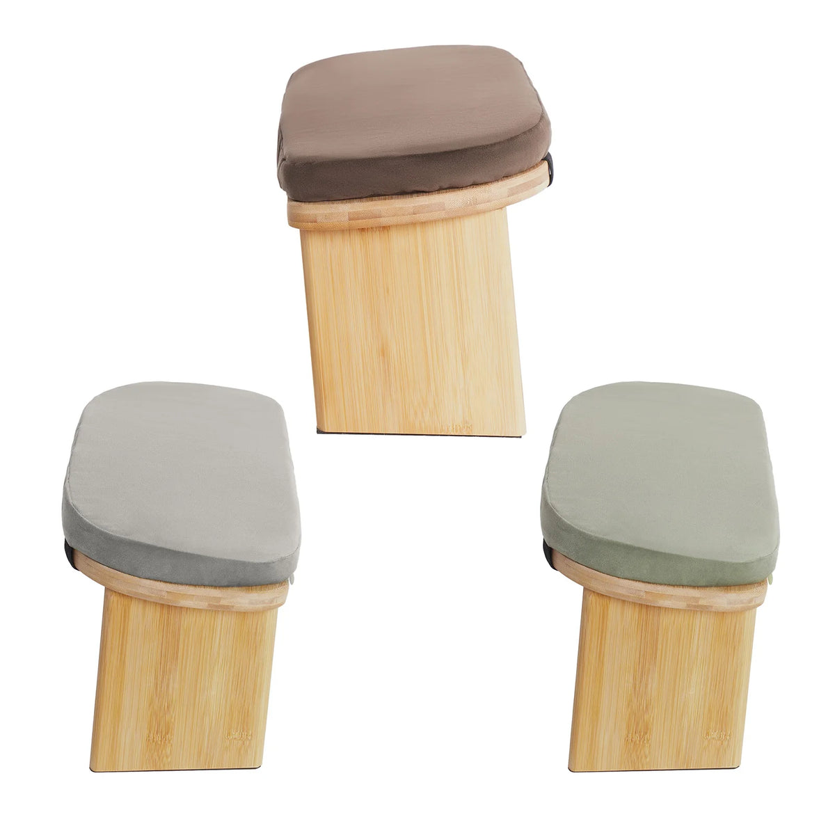 Banc de méditation pliable en bambou avec assise rembourrée — vue de bout
