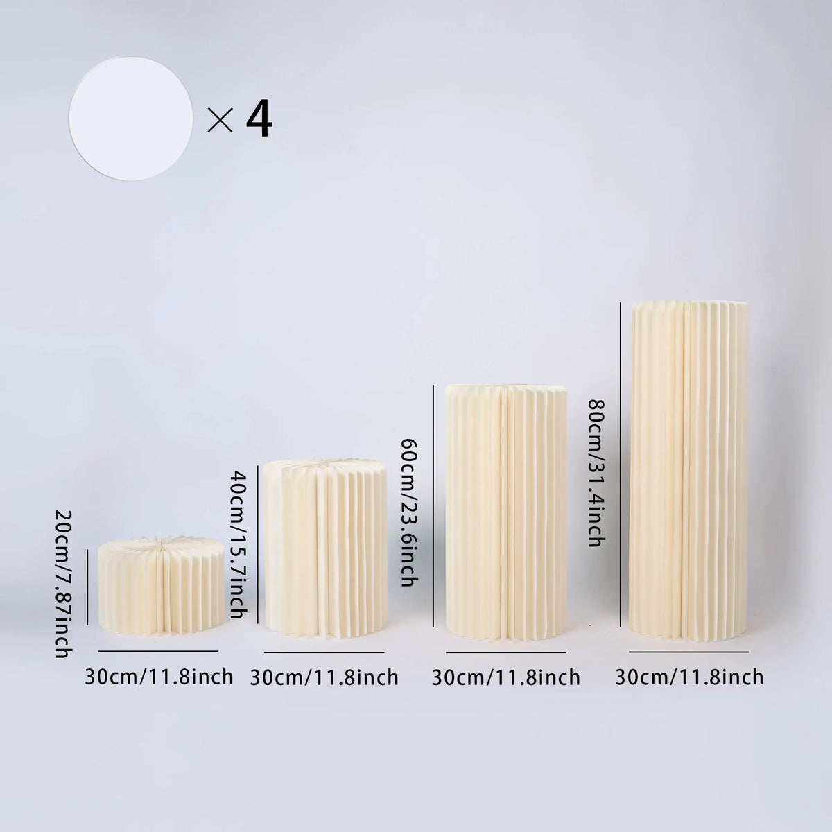 Colonnes de réception pliantes : lot blanc hauteurs 20, 40, 60 et 80 cm.