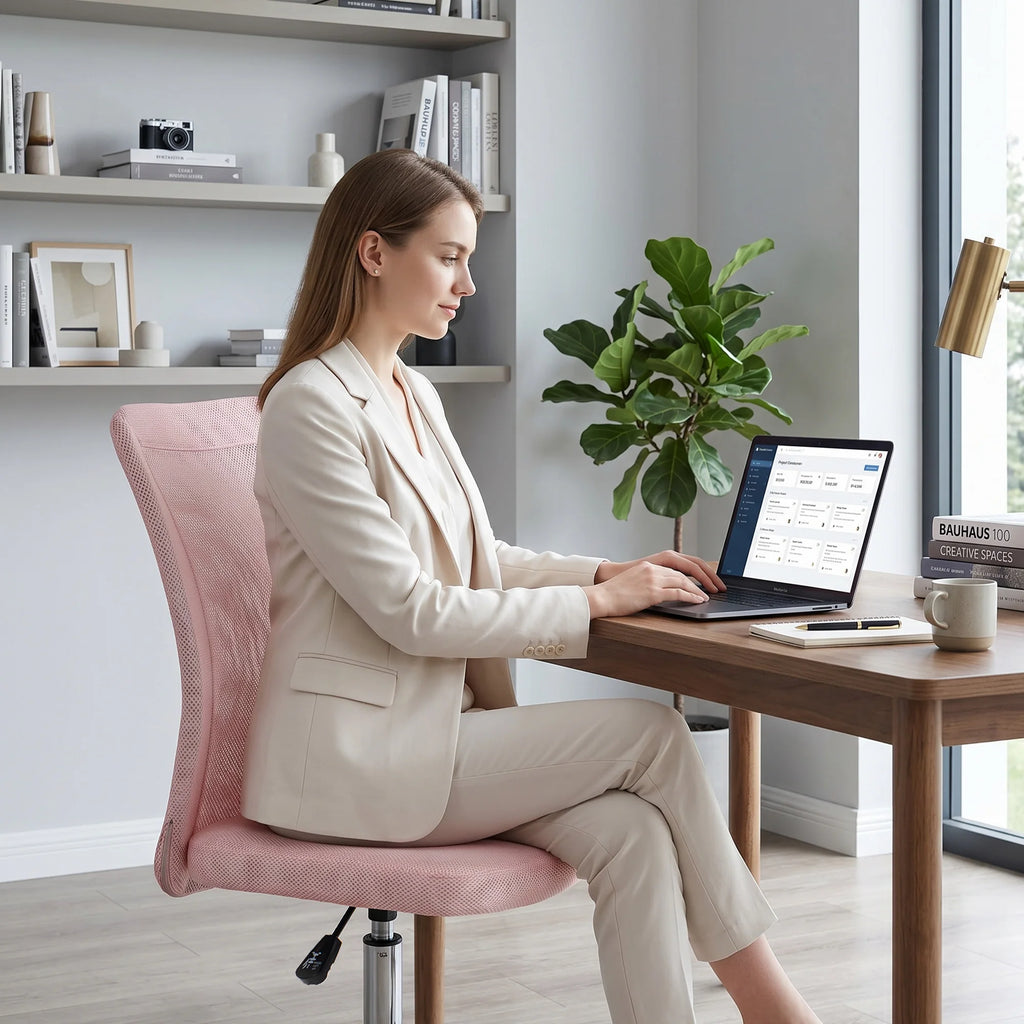 Chaise de bureau rose en maille réglable et pivotante