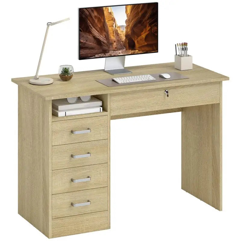 Bureau effet chêne avec 5 tiroirs et niche ouverte