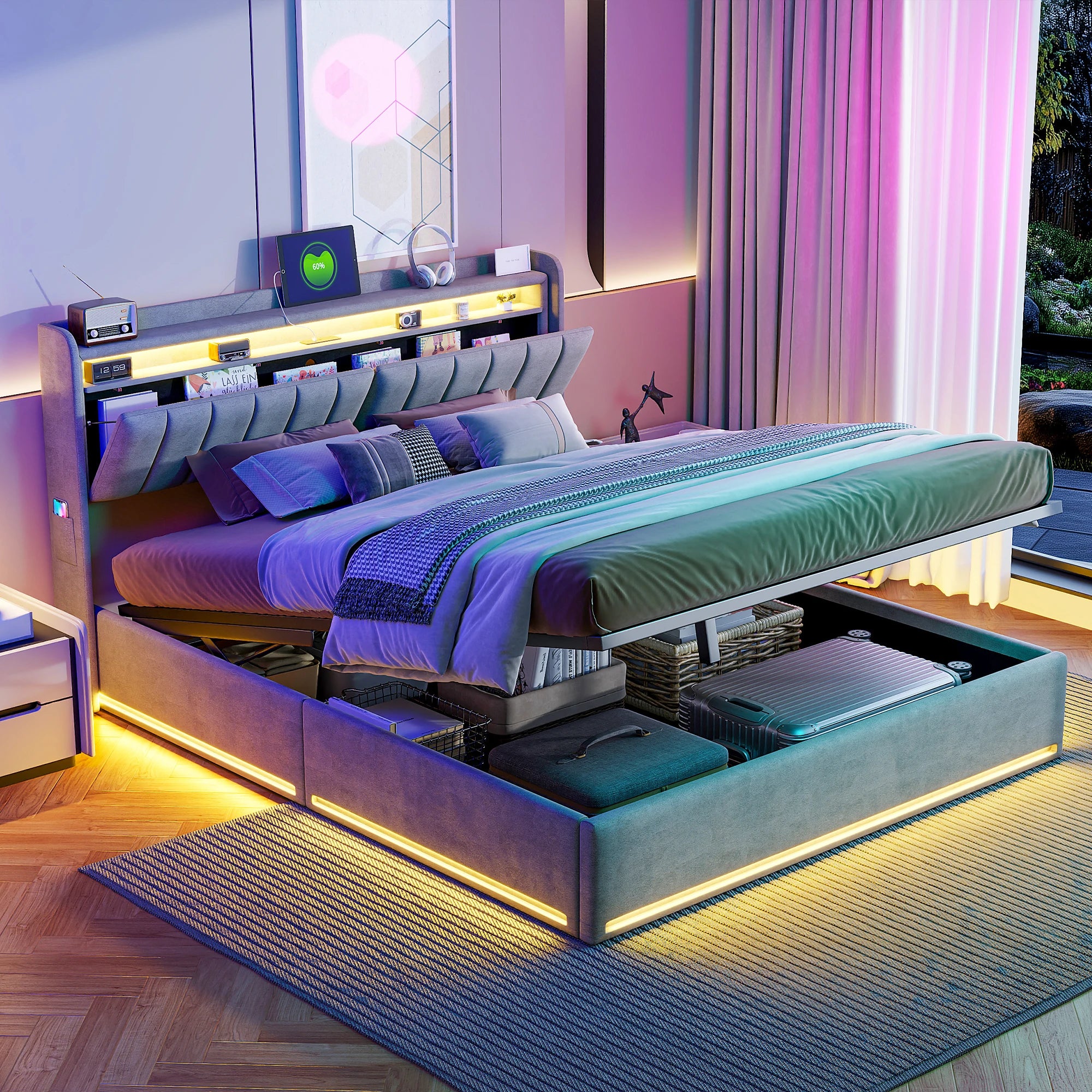 Lit coffre 140 × 200 cm avec LED et port USB