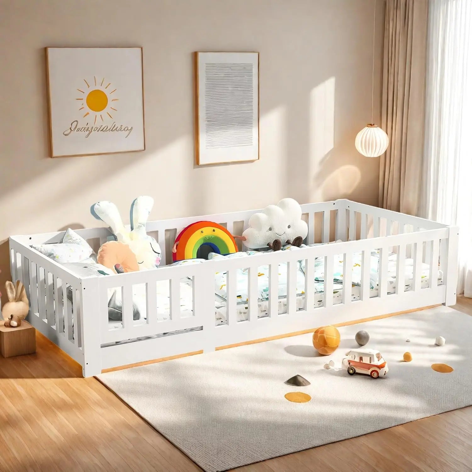 Lit Montessori en pin avec barrières et porte