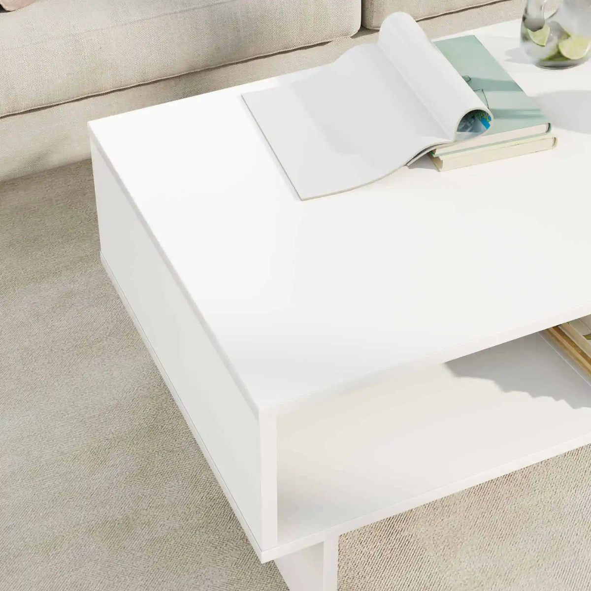 Table basse blanche avec rangement ouvert, 80 cm — plateau blanc