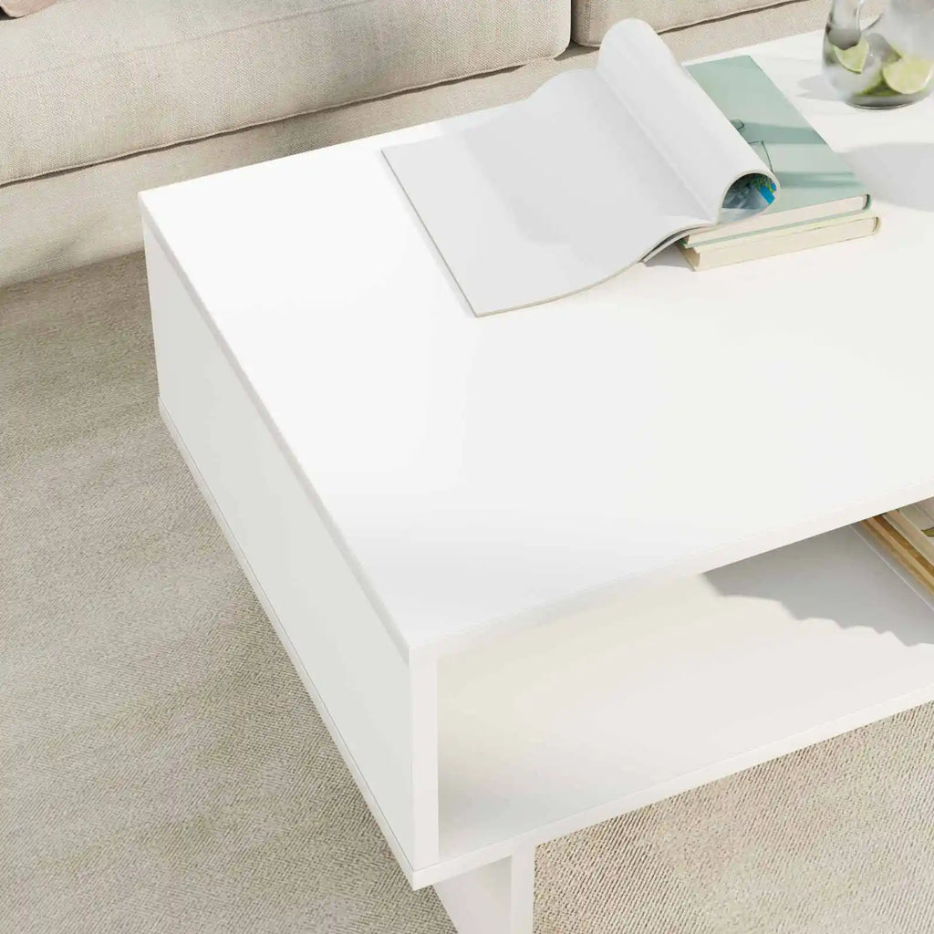 Table basse blanche avec rangement ouvert, 80 cm — détail de la finition