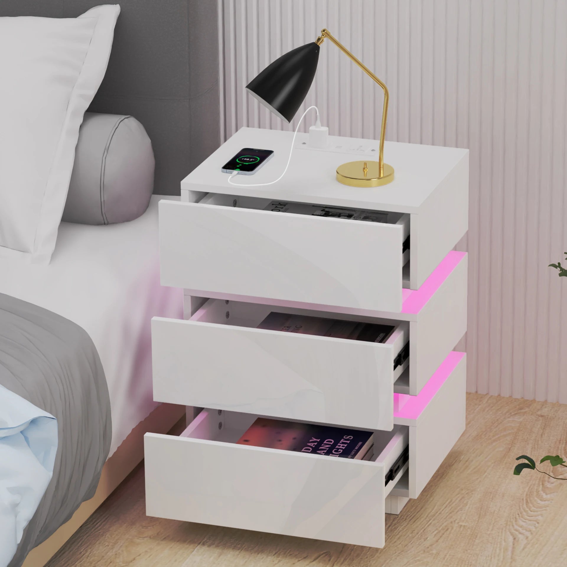 Table de chevet LED 16 couleurs avec 3 tiroirs