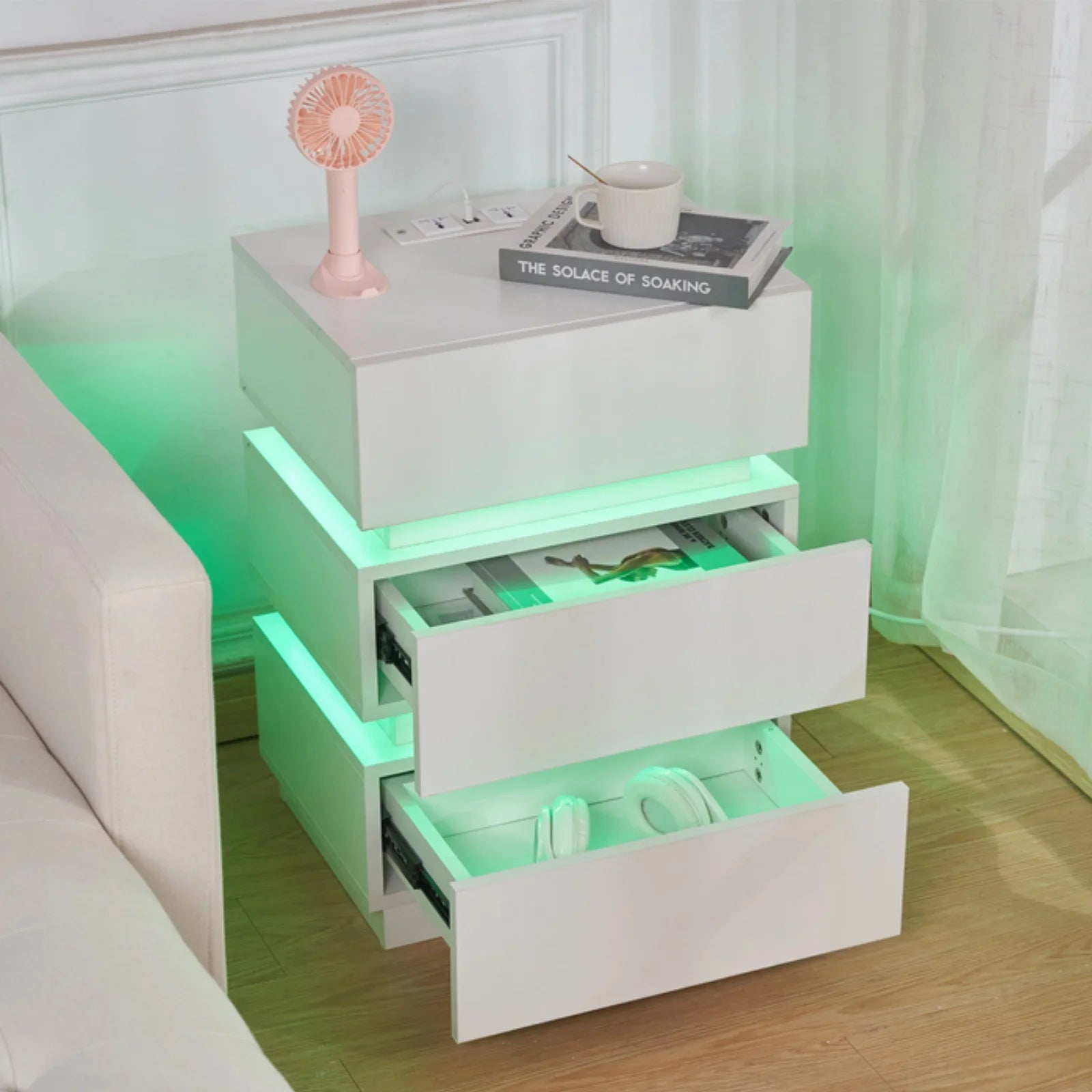 Table de chevet LED 16 couleurs avec 3 tiroirs