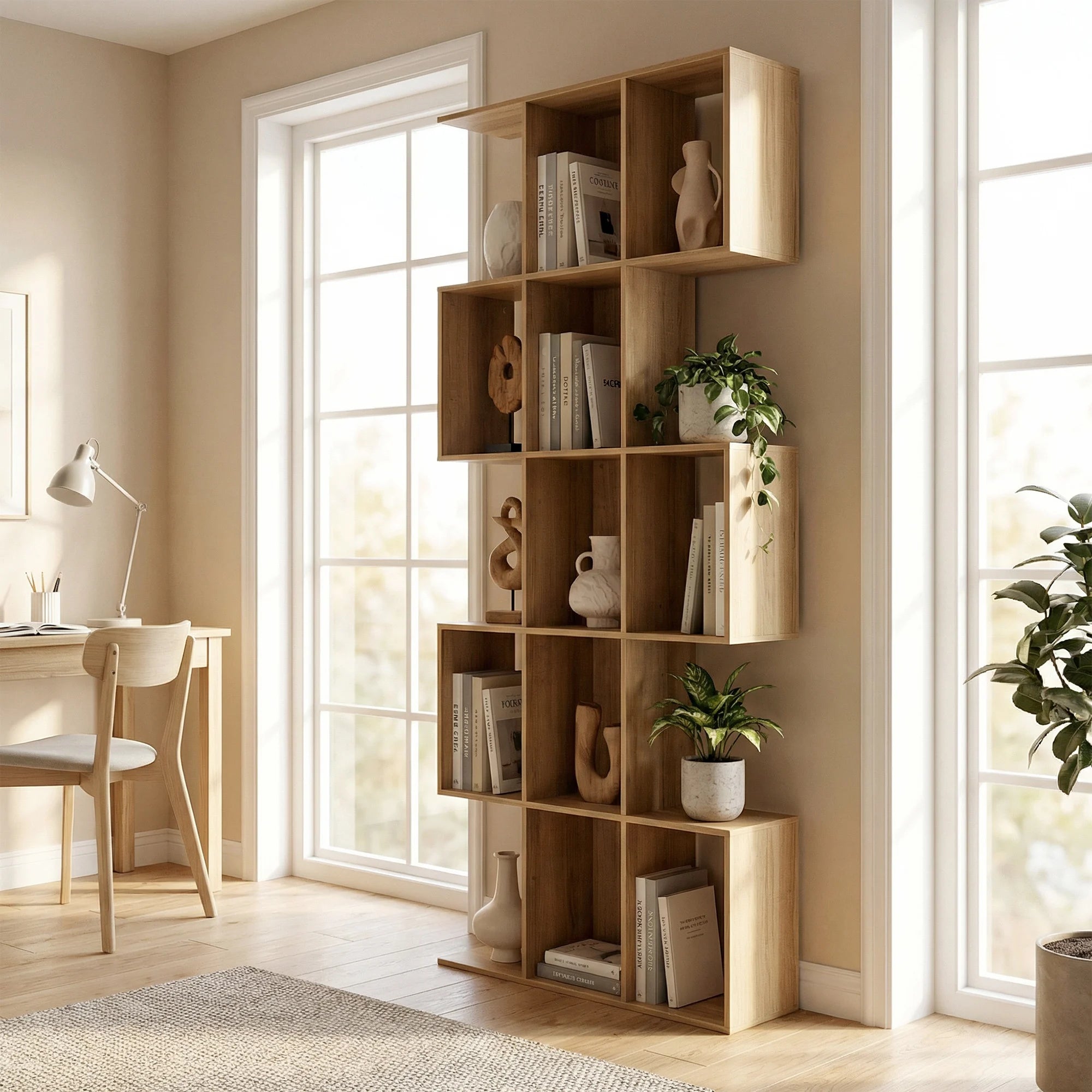 Bibliothèque en S à 5 niveaux et 15 niches