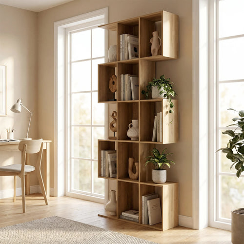 Bibliothèque en S à 5 niveaux et 15 niches