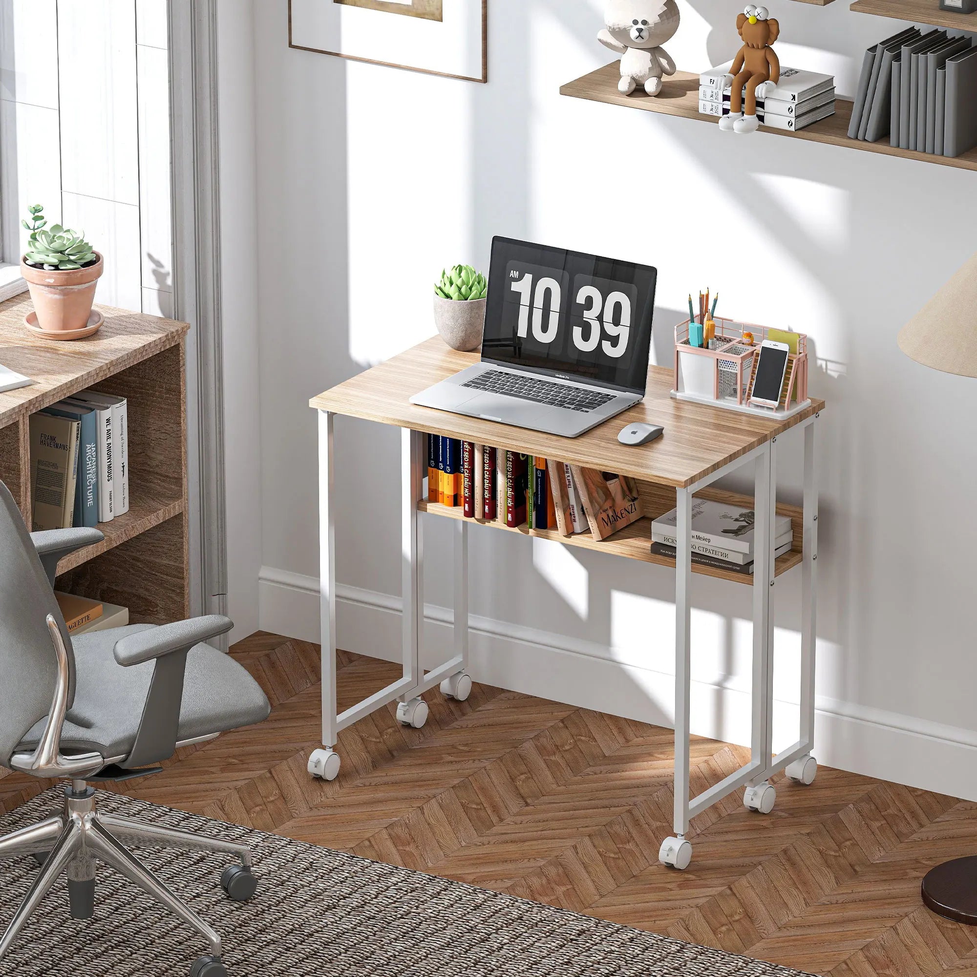 Bureau pliable sur roulettes avec rangement 80 × 50 cm