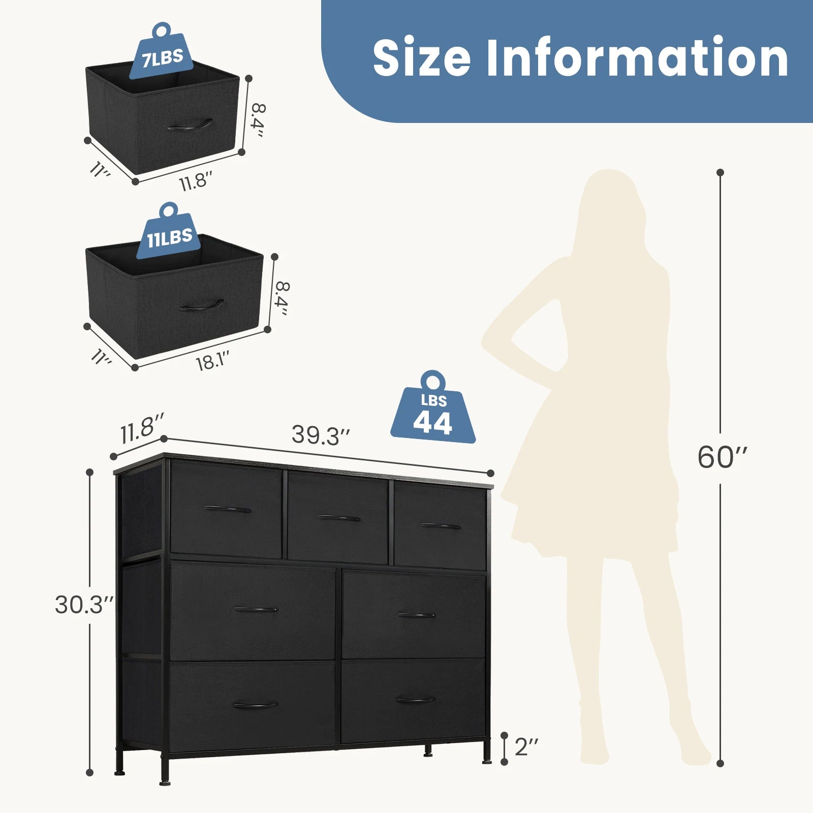 Commode en tissu à 7 tiroirs et cadre en acier