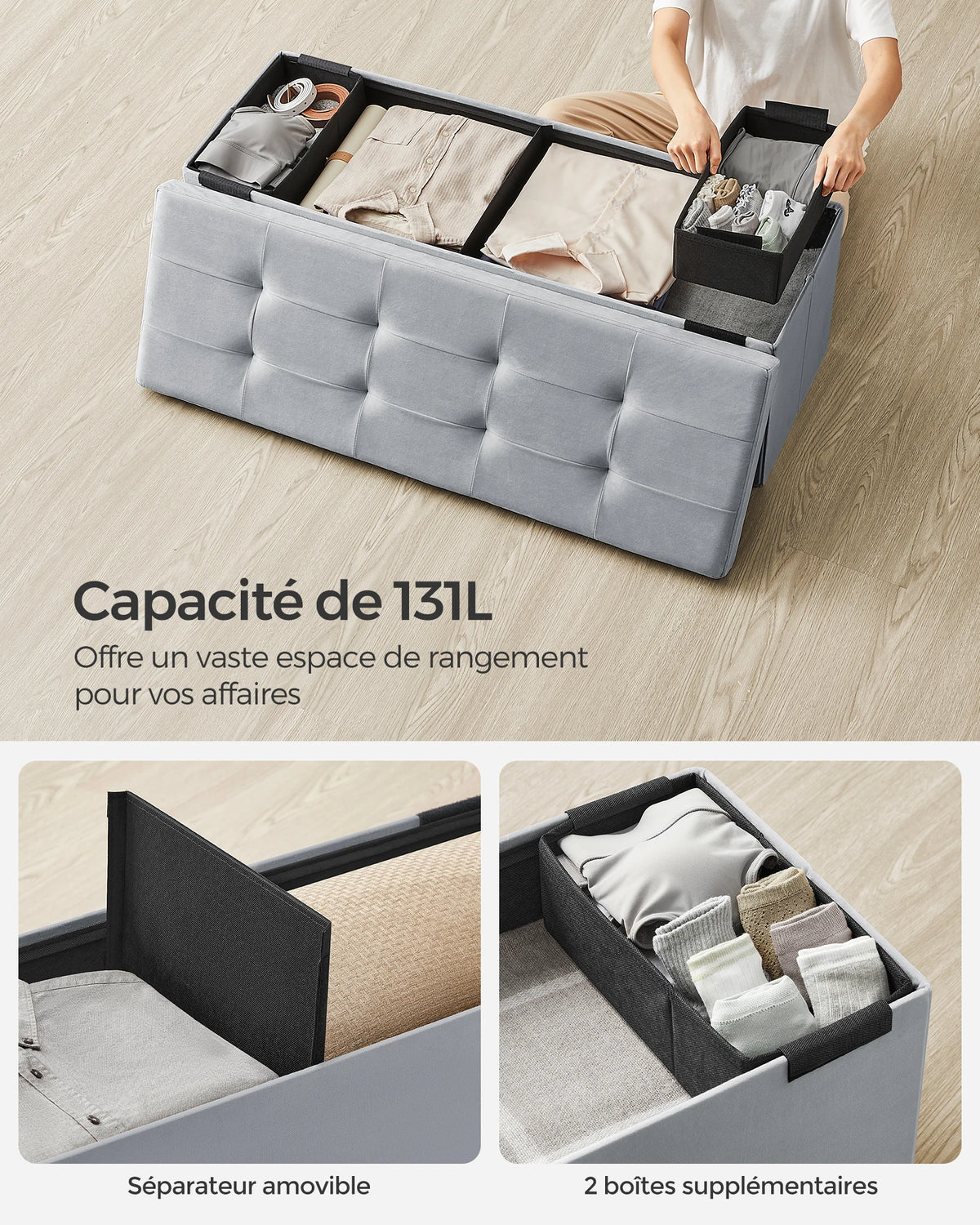 Banc coffre pliable 110 cm avec assise rembourrée — coffre ouvert avec textiles