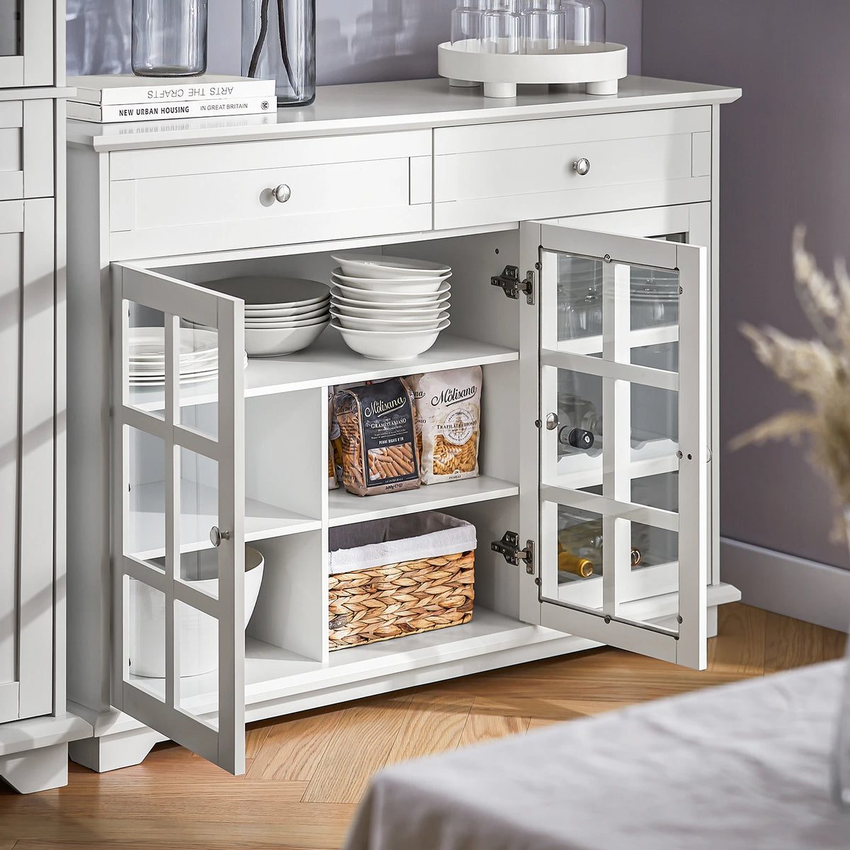 Buffet de cuisine blanc avec porte vitrée de 119 cm, illustration 5