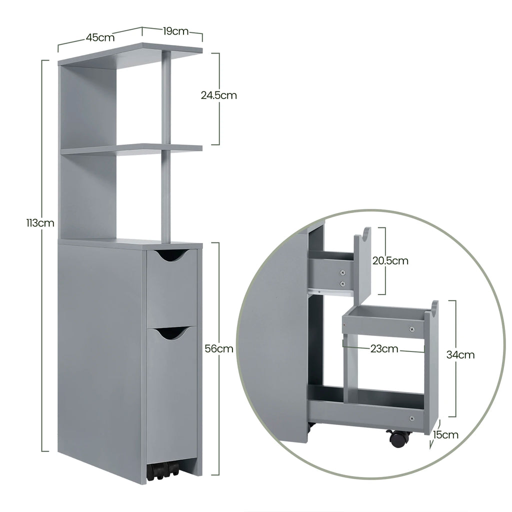 Meuble étroit de salle de bain à rangements coulissants