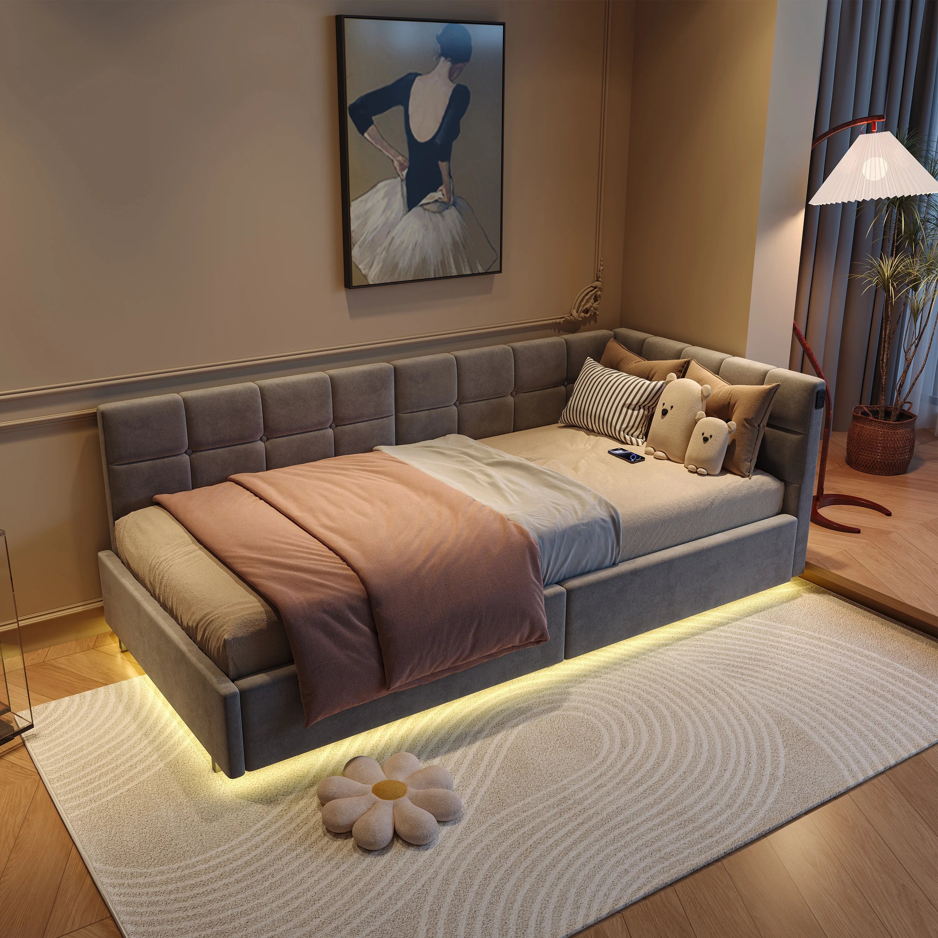 Lit banquette 90 × 200 cm avec LED, USB et rangement