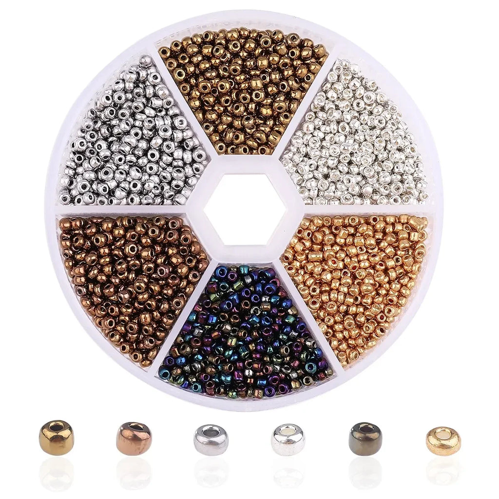 Boîte à compartiments de perles de riz en verre doré, bronze, argenté et multicolore