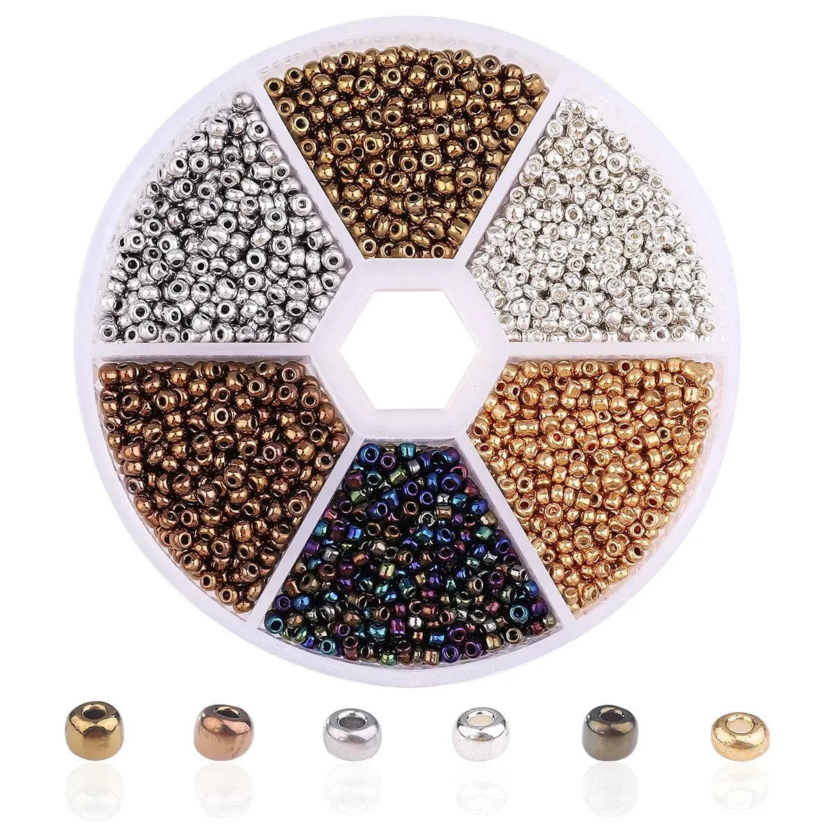 Boîte de perles de riz en verre, mélange bronze, argent et multicolore