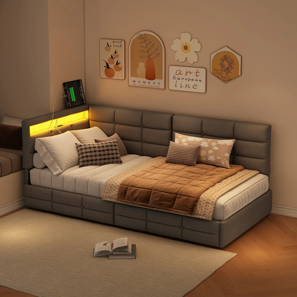 Lit banquette 90 × 200 cm avec LED, USB et rangement