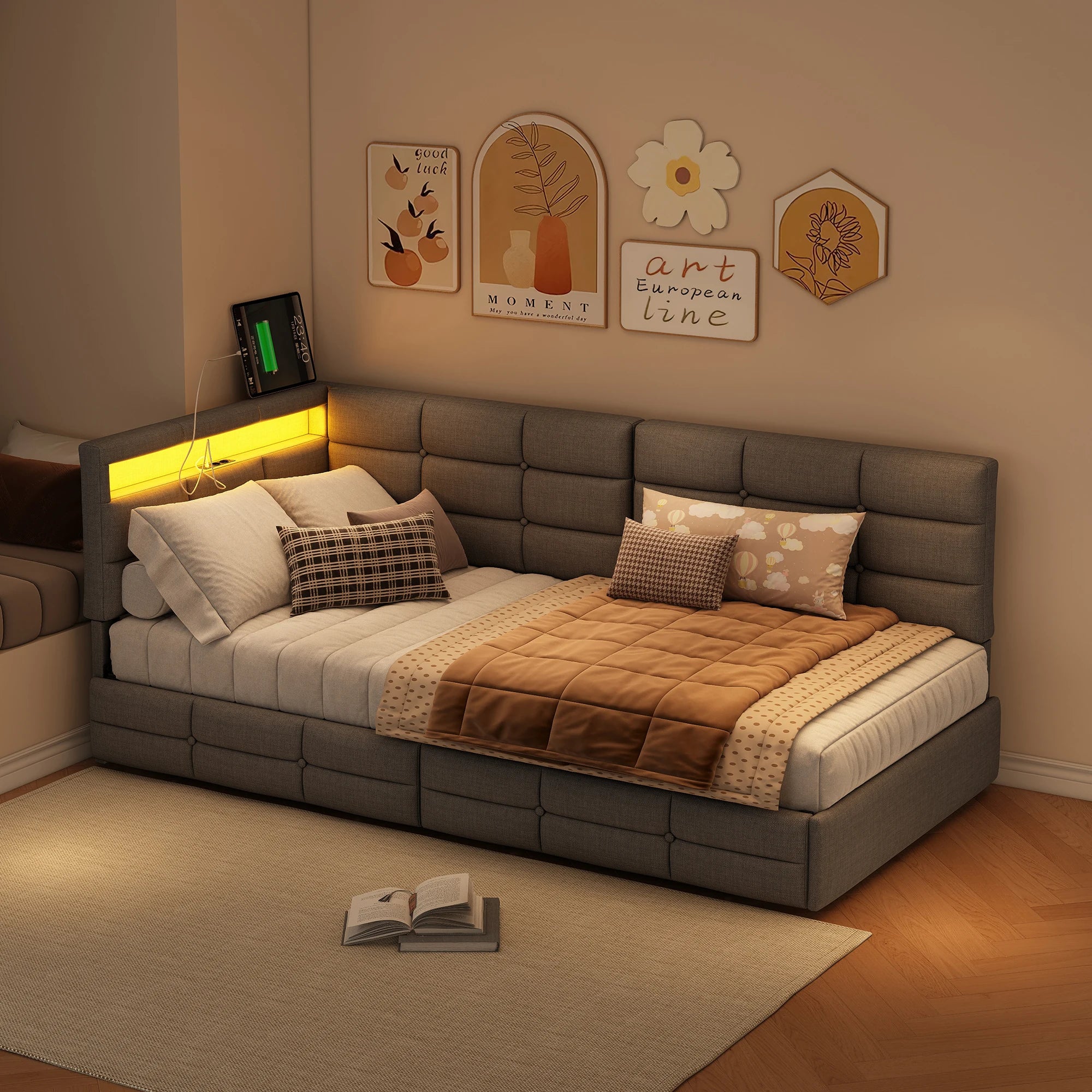 Lit banquette 90 × 200 cm avec LED, USB et rangement