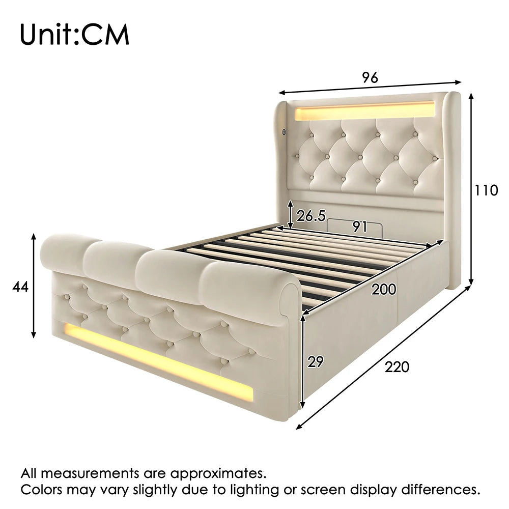 Lit coffre capitonné avec LED, USB et USB-C