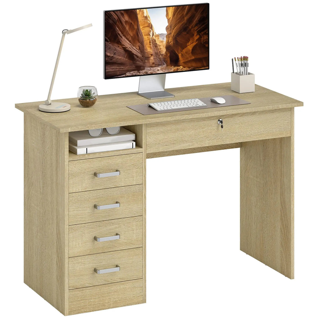 Bureau effet chêne avec 5 tiroirs et niche ouverte