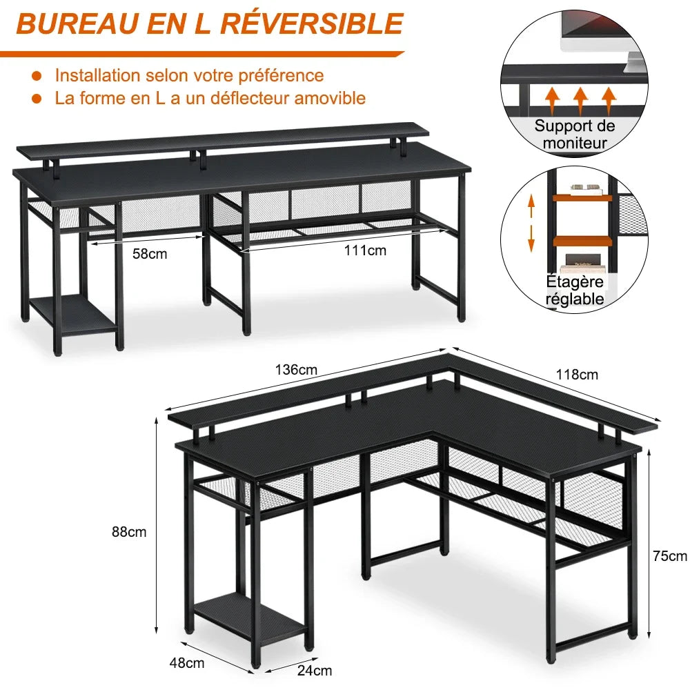 Bureau d’angle gaming 136 × 75 cm avec LED et USB