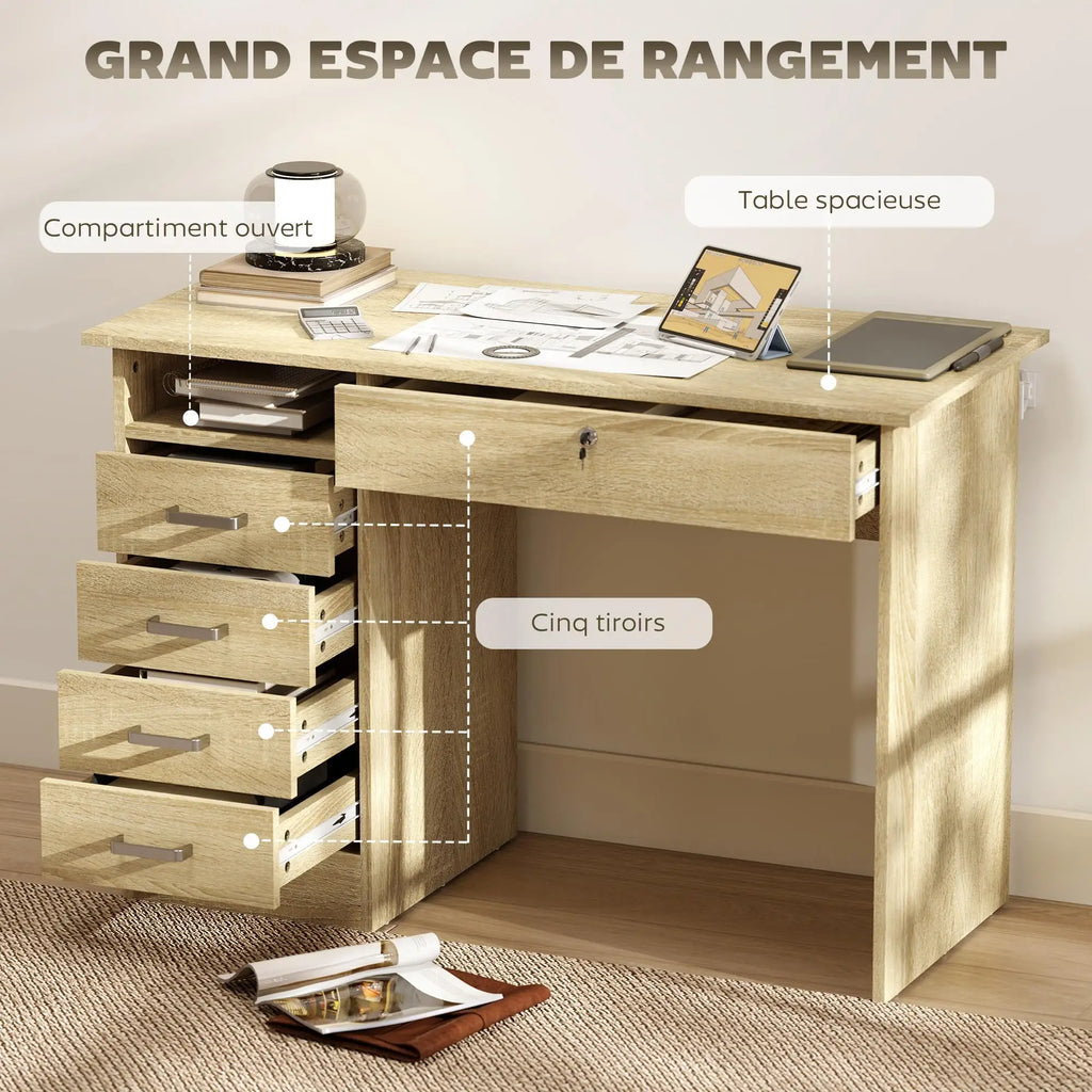 Bureau effet chêne avec 5 tiroirs et niche ouverte