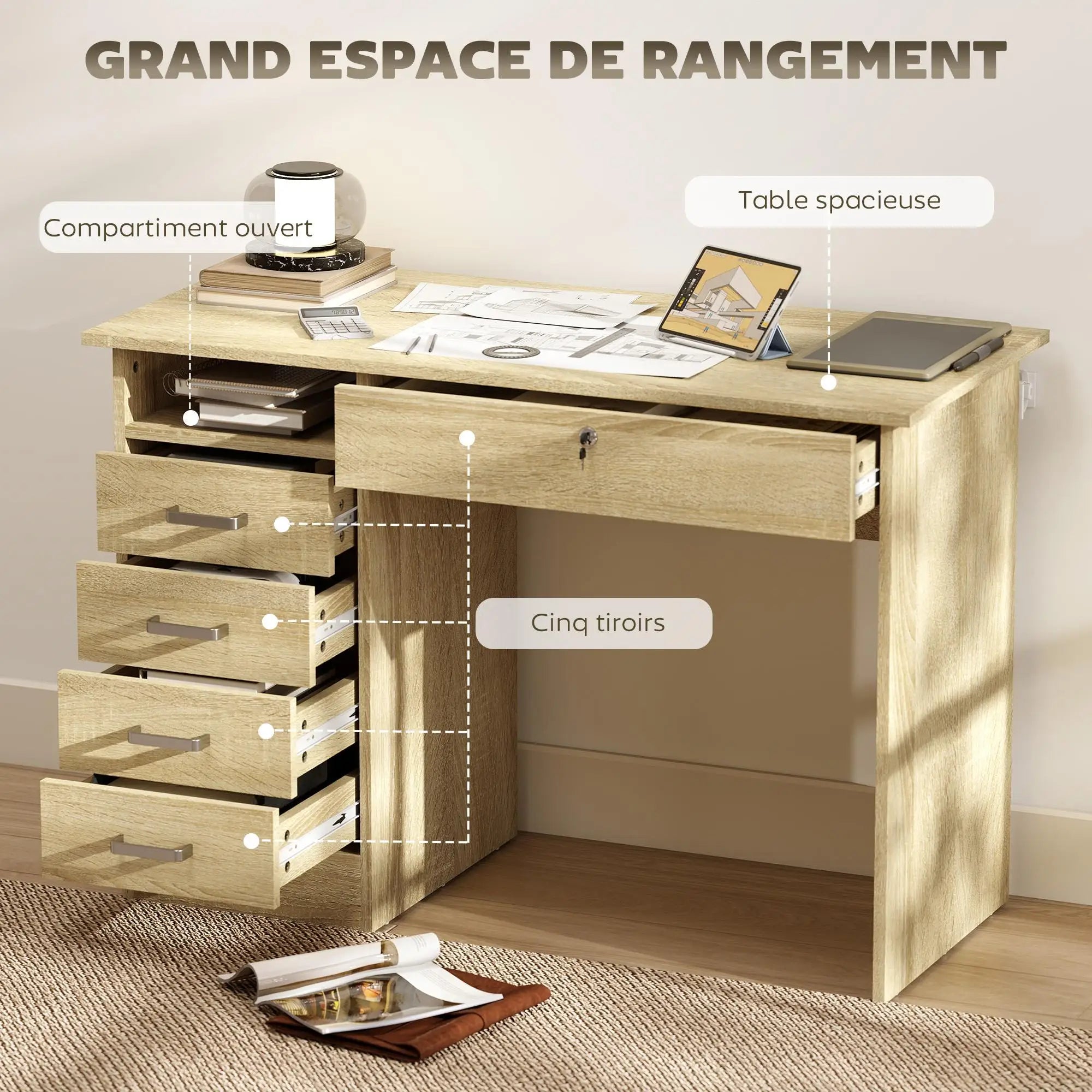 Bureau effet chêne avec 5 tiroirs et niche ouverte