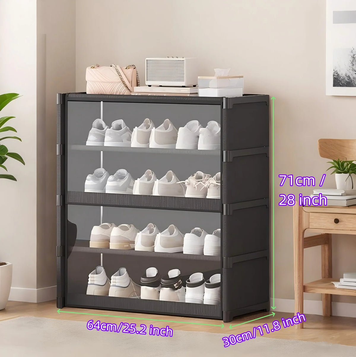 Meuble à chaussures noir avec portes transparentes et plusieurs niveaux, version noire 5 niveaux