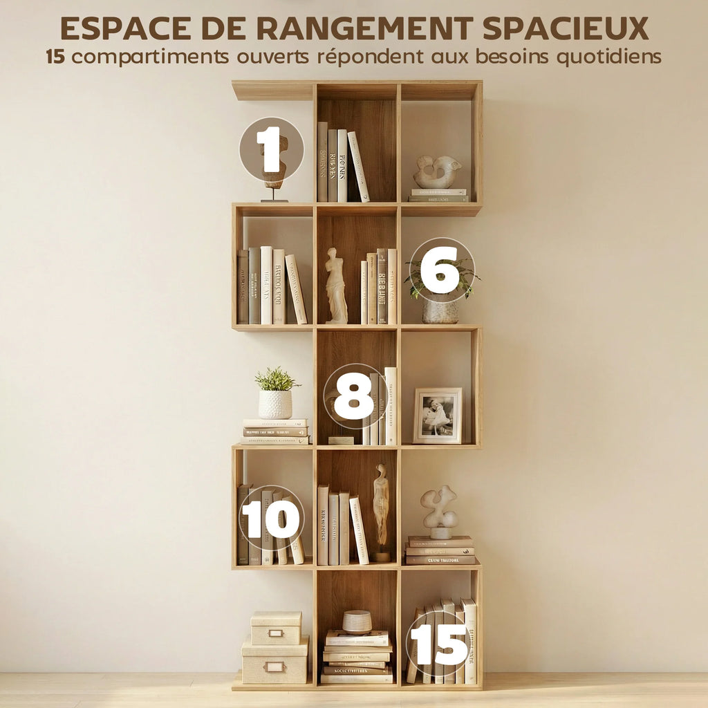 Bibliothèque en S à 5 niveaux et 15 niches