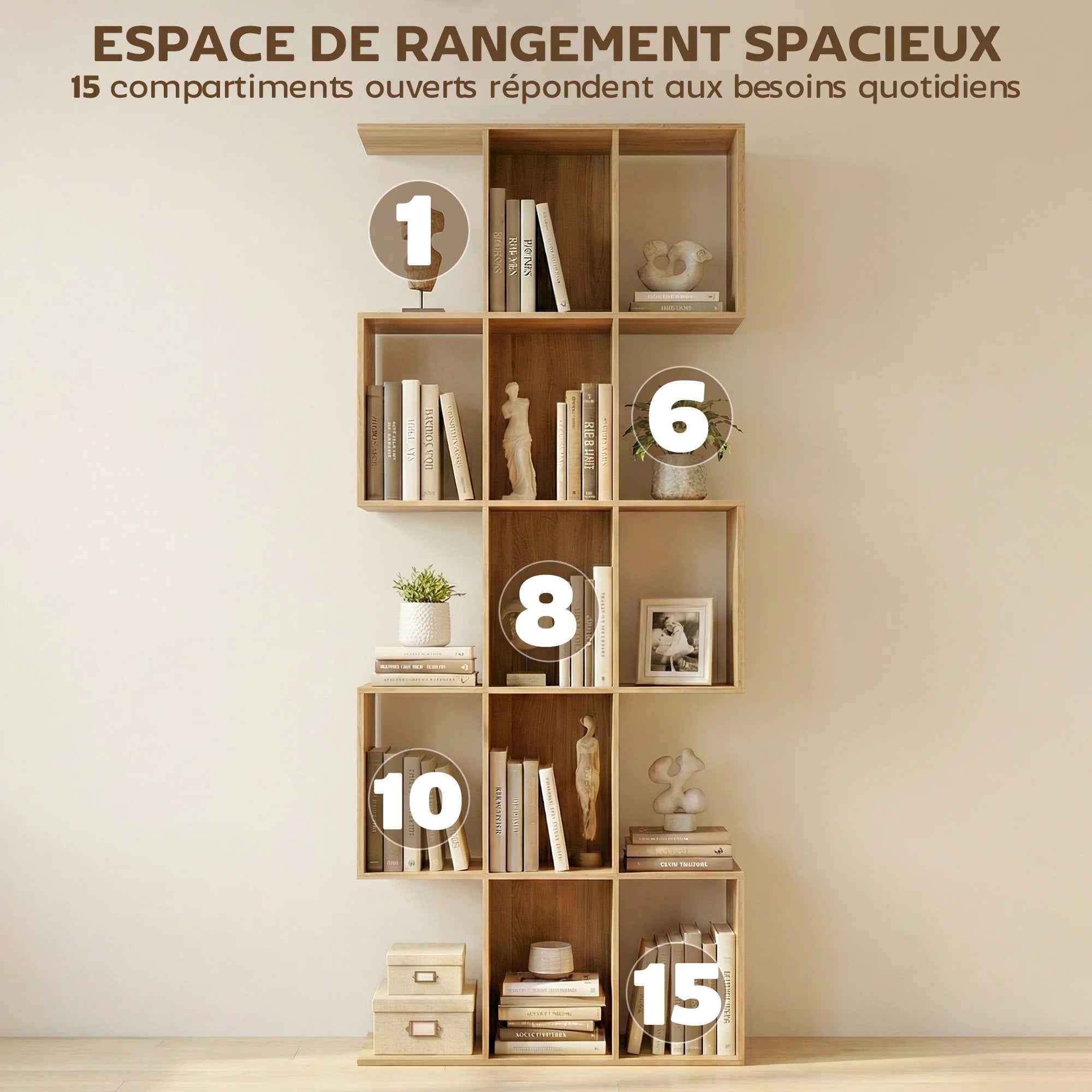 Bibliothèque en S à 5 niveaux et 15 niches