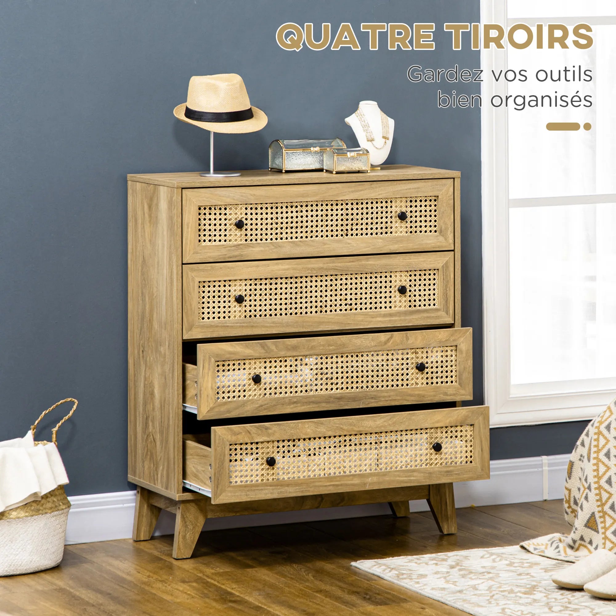 Commode 4 tiroirs en bois clair et cannage rotin