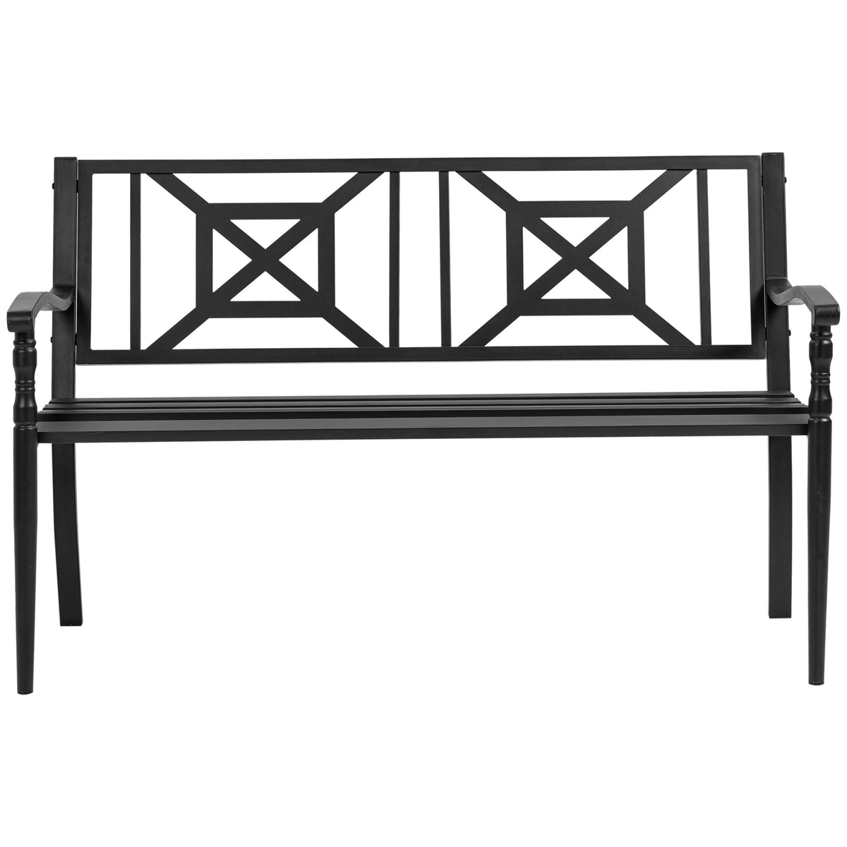Banc de jardin noir 2 places, vue de face, dossier ajouré motif géométrique