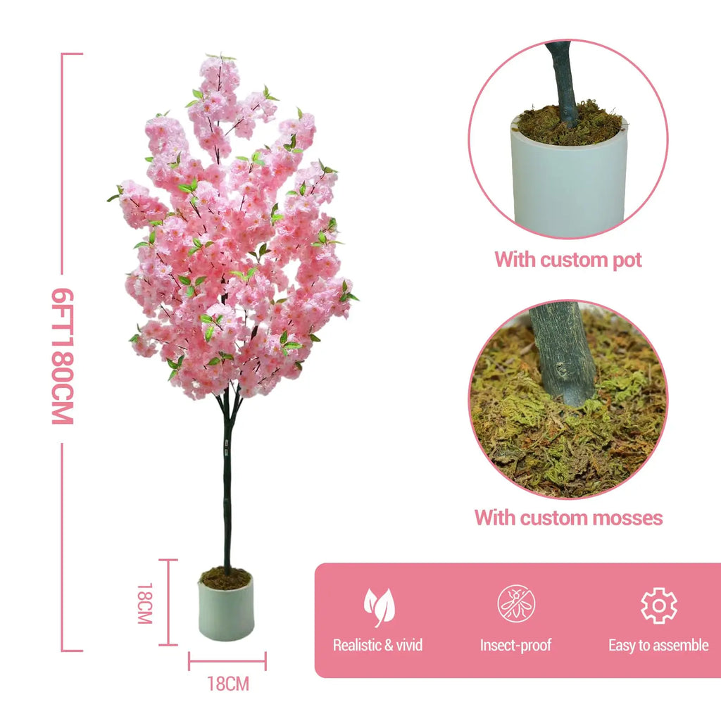 Arbre artificiel de cerisier en pot, fleurs roses et feuillage vert, tronc sombre