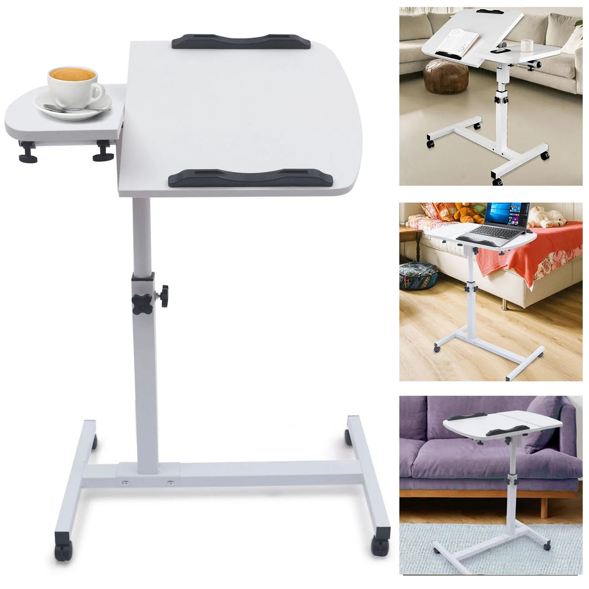 Bureau mobile blanc à plateau inclinable pour ordinateur — plateau relevé