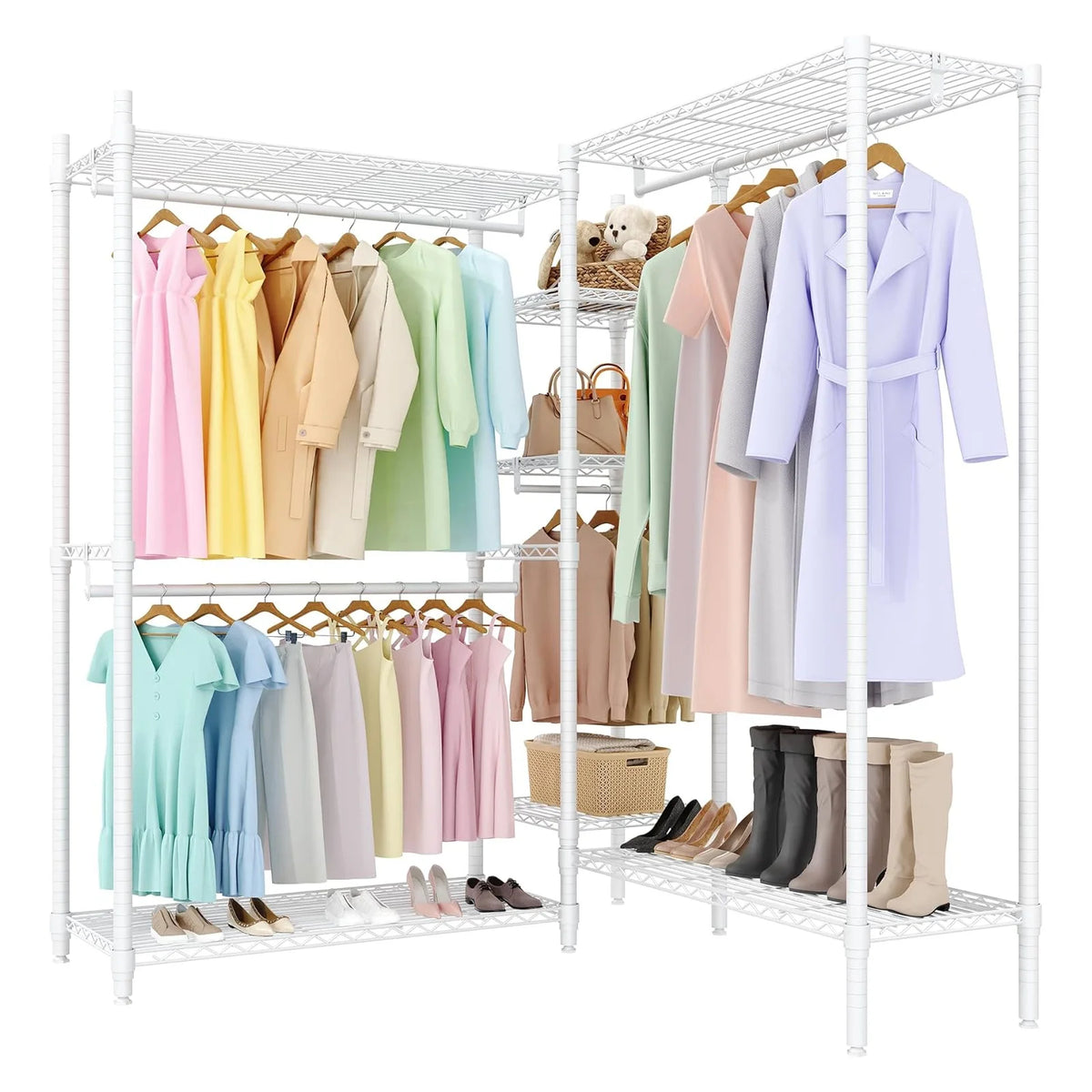 Porte-vêtements autoportant blanc avec barres de suspension et étagères pour vêtements et chaussures