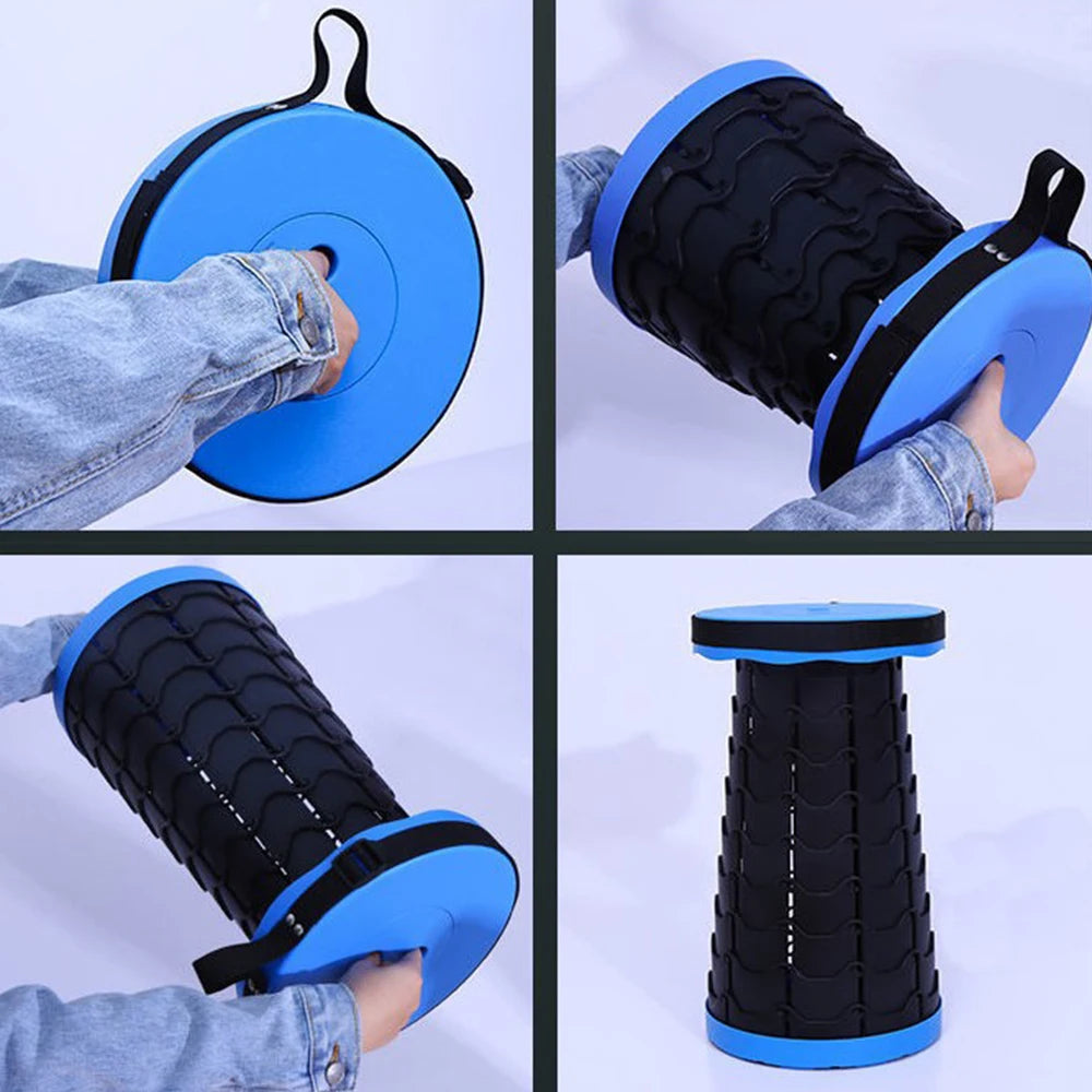 Tabouret télescopique pliant, hauteur réglable jusqu’à 45 cm — gestes de déploiement