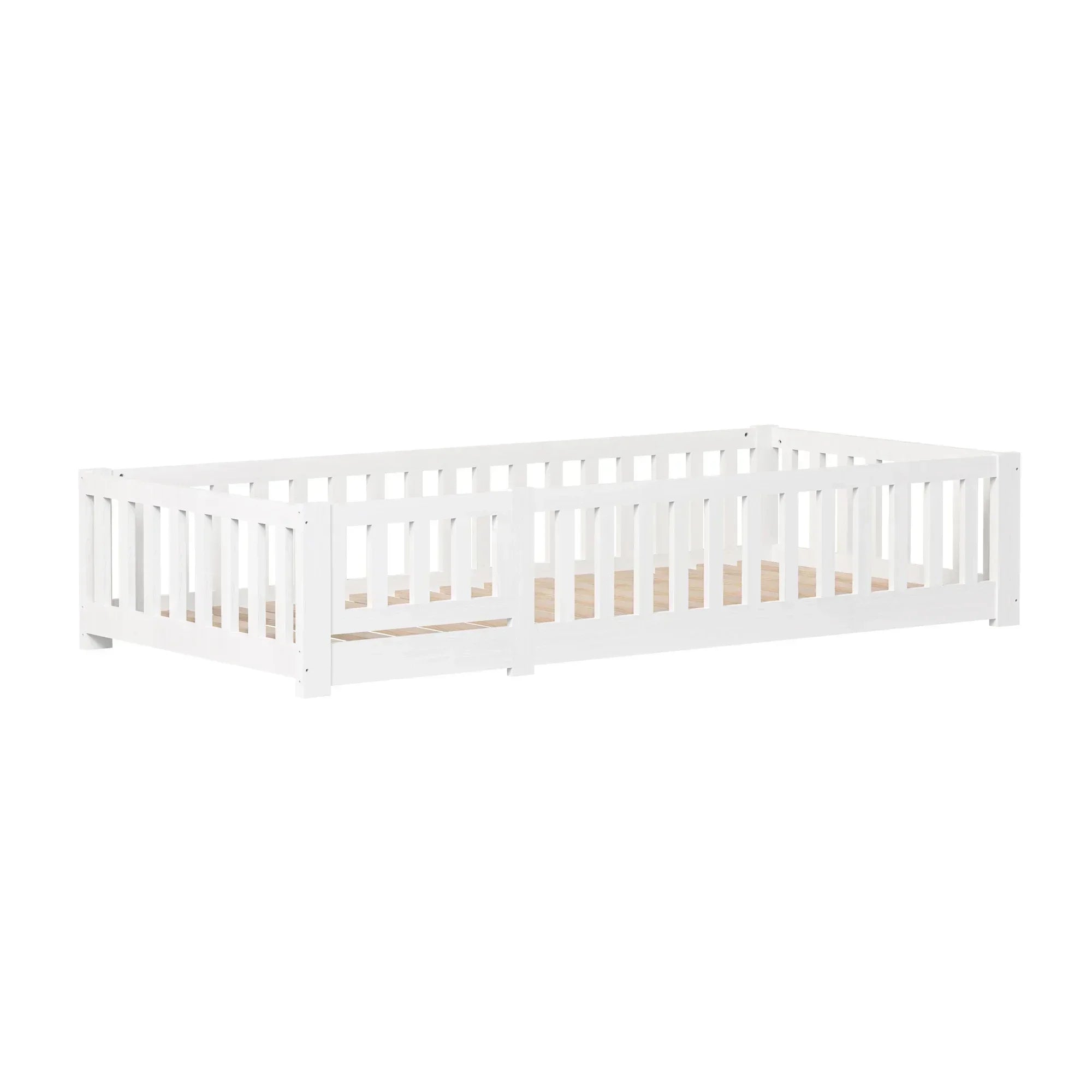 Lit Montessori en pin avec barrières et porte