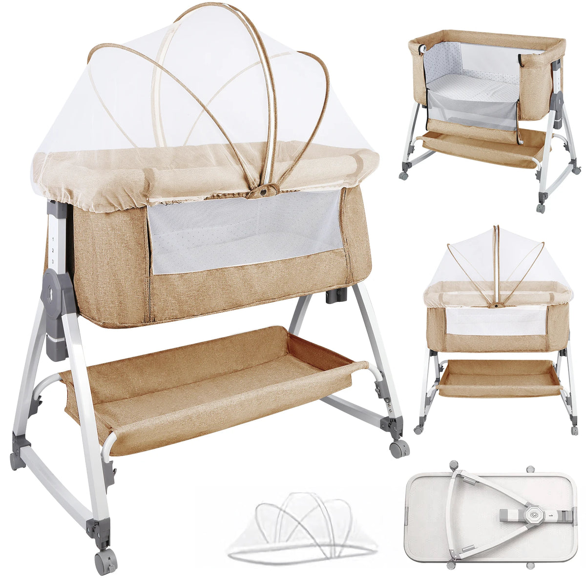 Berceau cododo réglable avec moustiquaire et roulettes — Beige