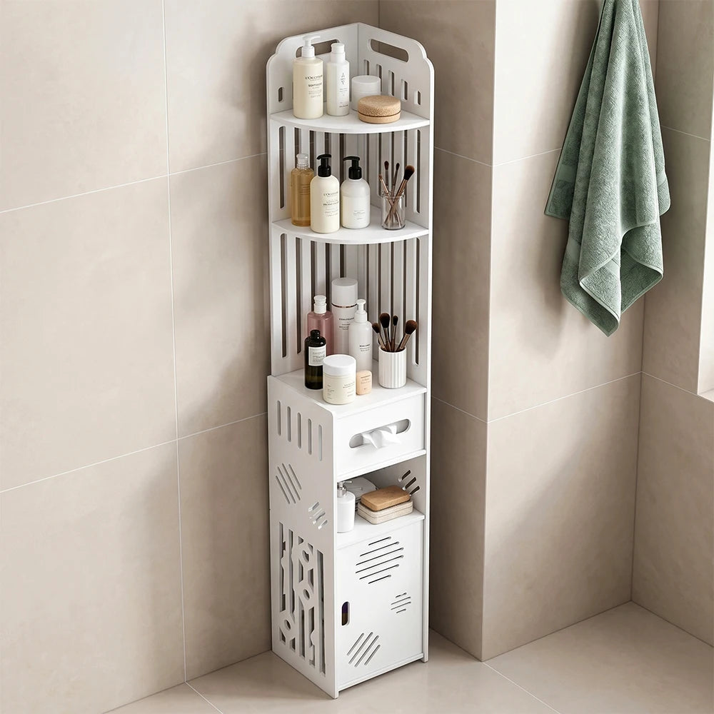 Meuble WC étroit blanc à 6 niveaux avec porte-rouleau