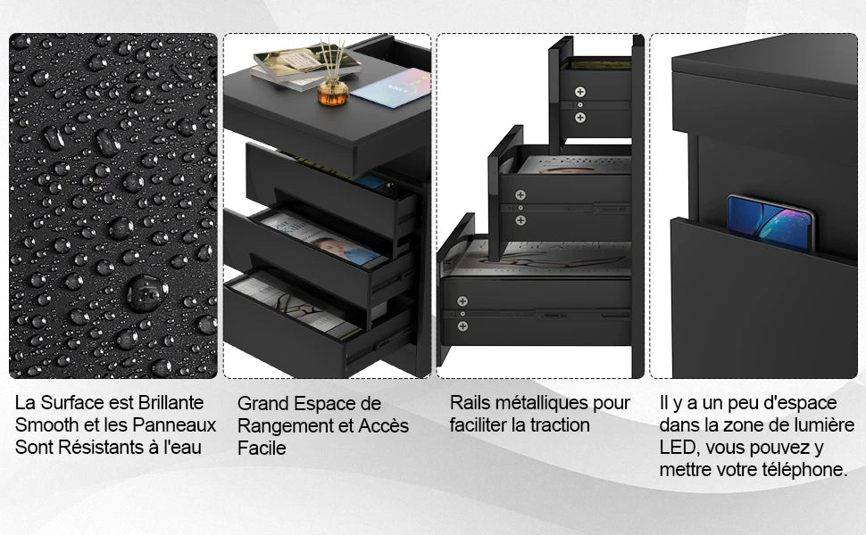 Table de chevet avec recharge et 3 tiroirs