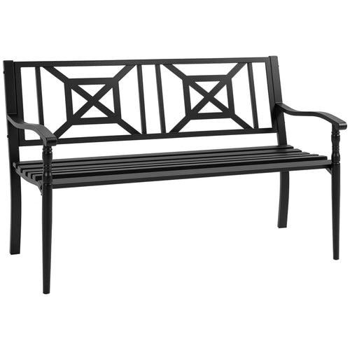 Banc de jardin 2 places noir, dossier ajouré motif géométrique, accoudoirs