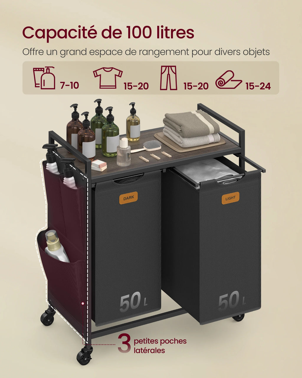Panier à linge 100 L sur roulettes avec deux compartiments et étagère, illustration 2