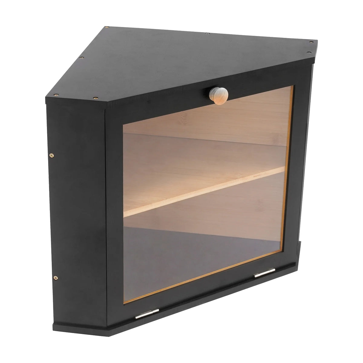 Boîte à pain d’angle en bambou noir à 2 niveaux — coloris noir avec porte transparente fermée