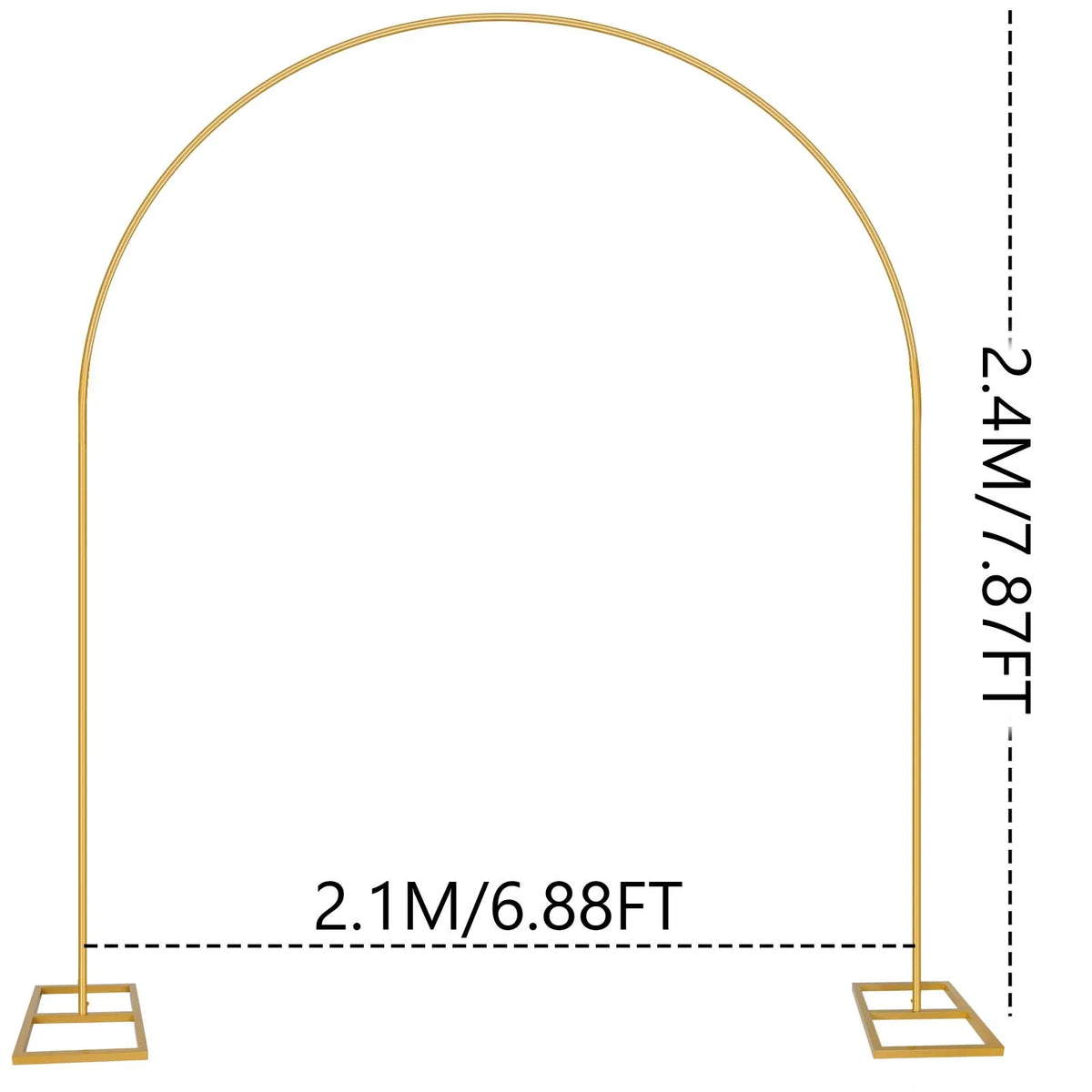 Arche arrondie dorée en métal : schéma largeur 2,1 m et hauteur 2,4 m.