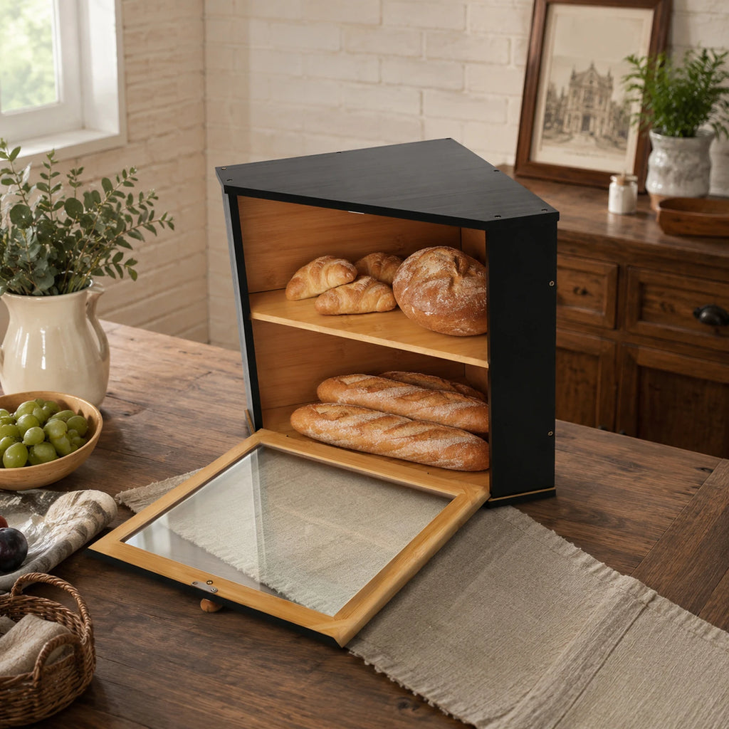 Boîte à pain d’angle en bambou noir à 2 niveaux — intérieur et tablette de rangement