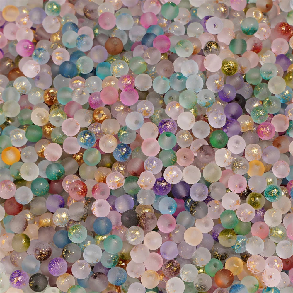Assortiment multicolore de perles rondes en verre givré à effet doré
