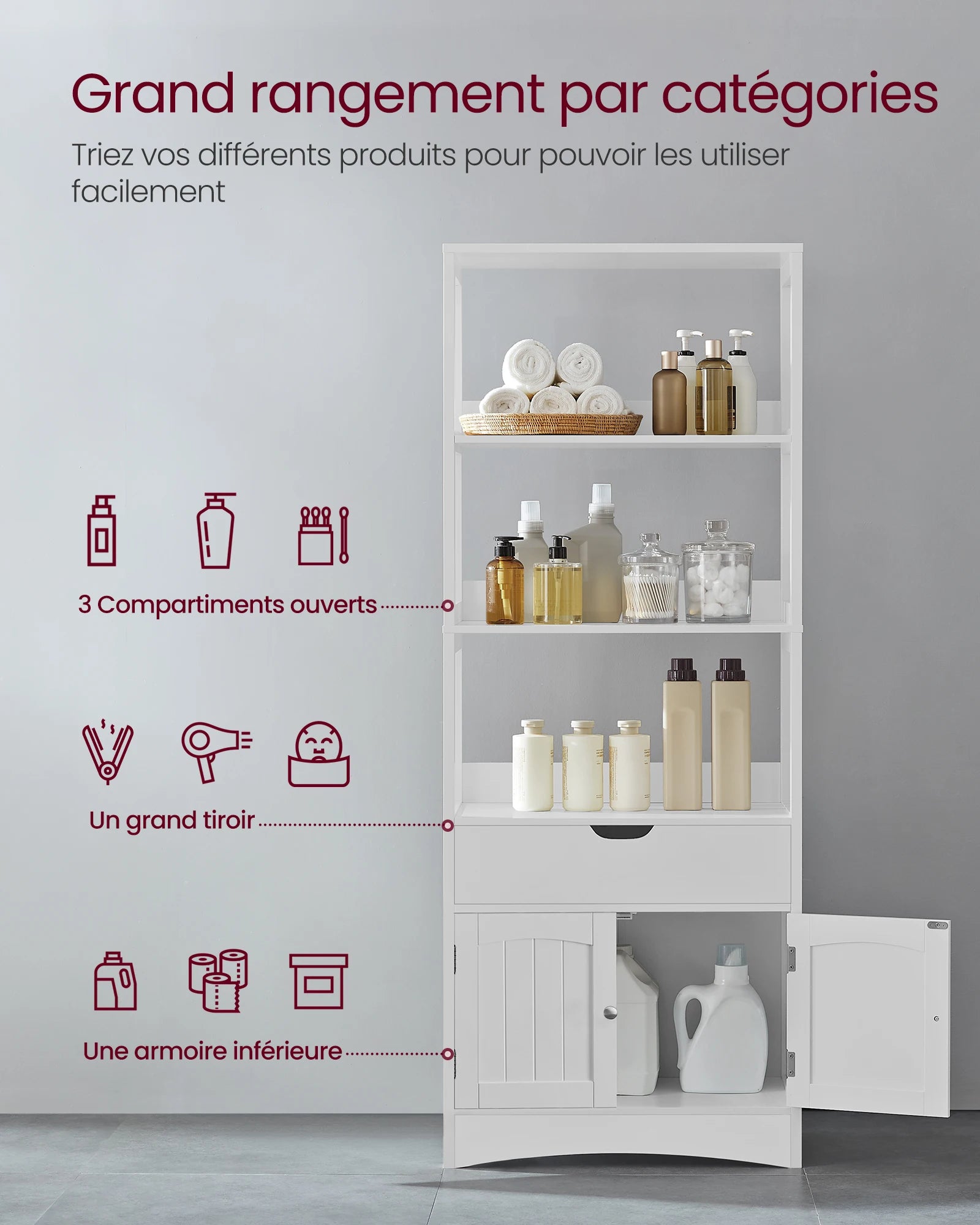 Armoire haute blanche avec 3 niches, tiroir et placard