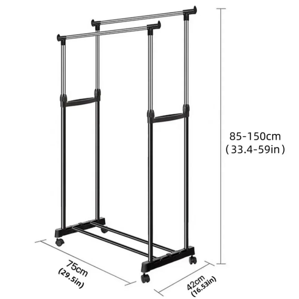 Portant vêtements mobile double barre, dimensions 85-150 cm, base 75x42 cm