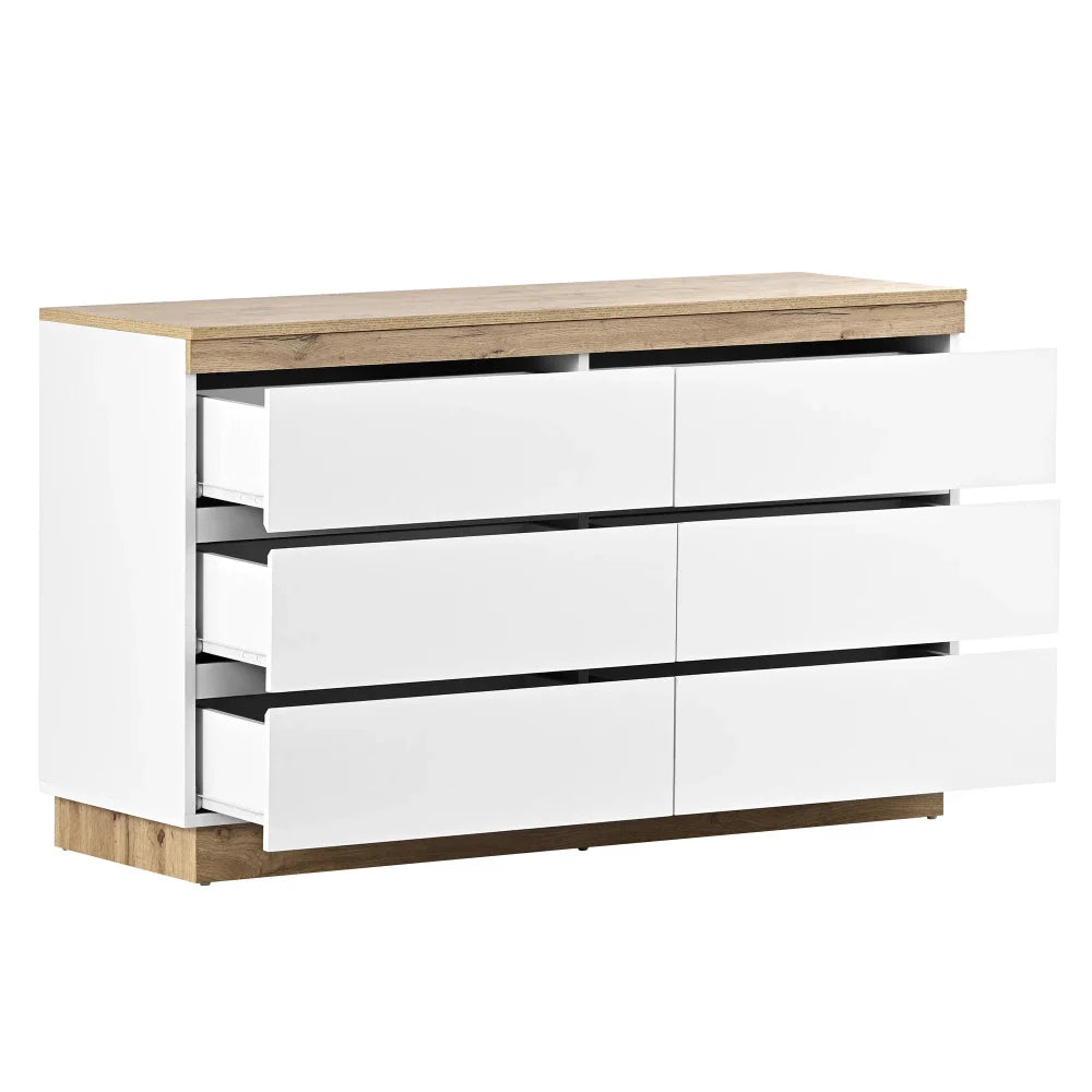 Commode 6 tiroirs blanc et chêne avec verrouillage
